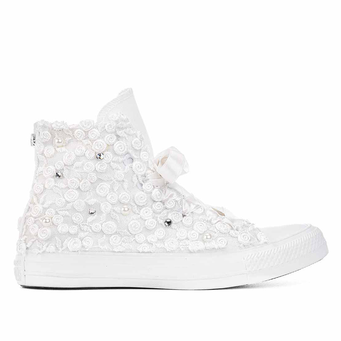 Converse All Star Alte in Pizzo Bianco a Fiori - Strass e Perle - Outlet
