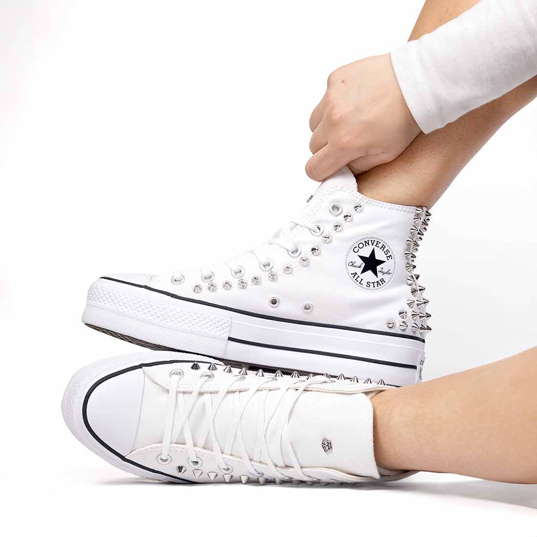 Converse All Star con Borchie tela bianche Spedizione GRATIS 24h Racoon Lab