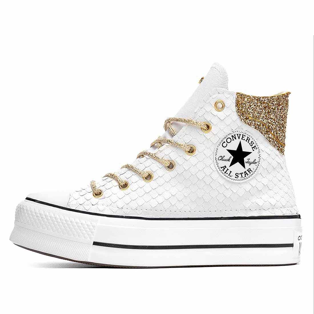 converse bianche con suola alta in pitone bianco e oro