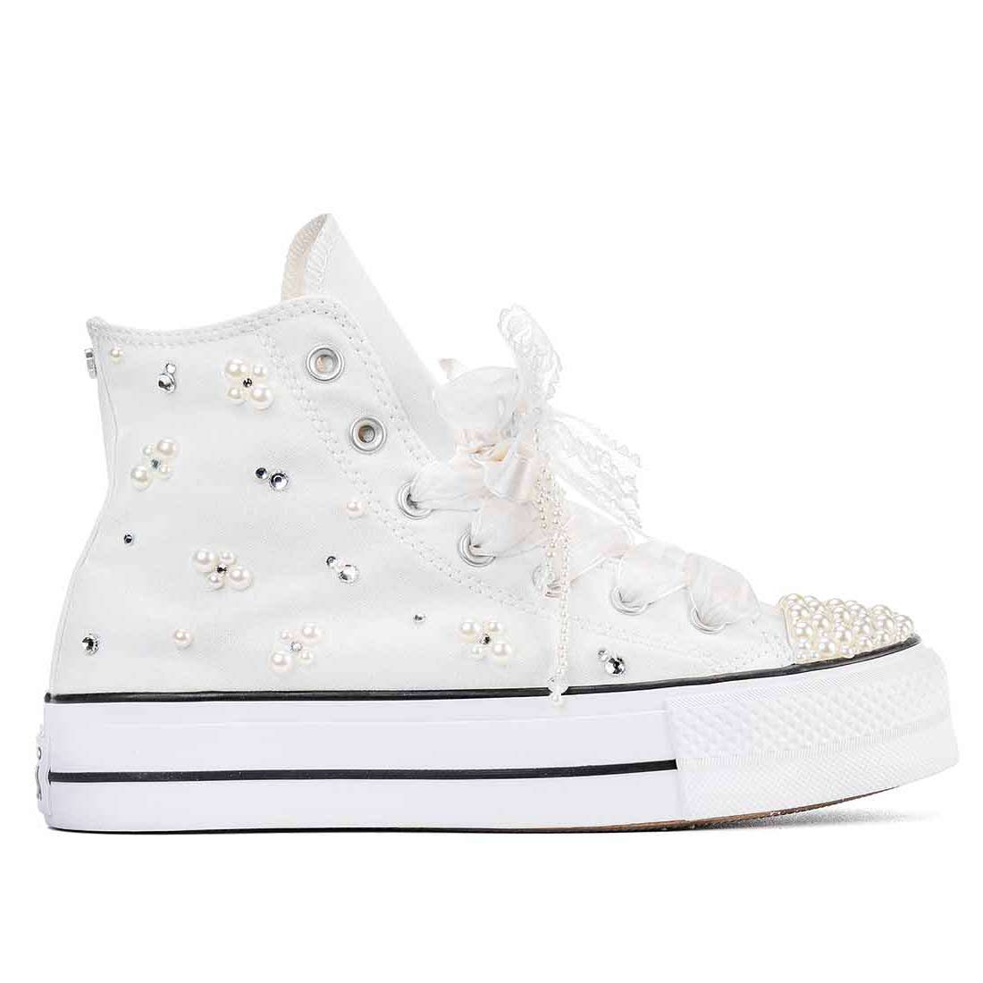 Converse All Star platform Bianche con perle e strass da cerimonia, sposa e matrimonio