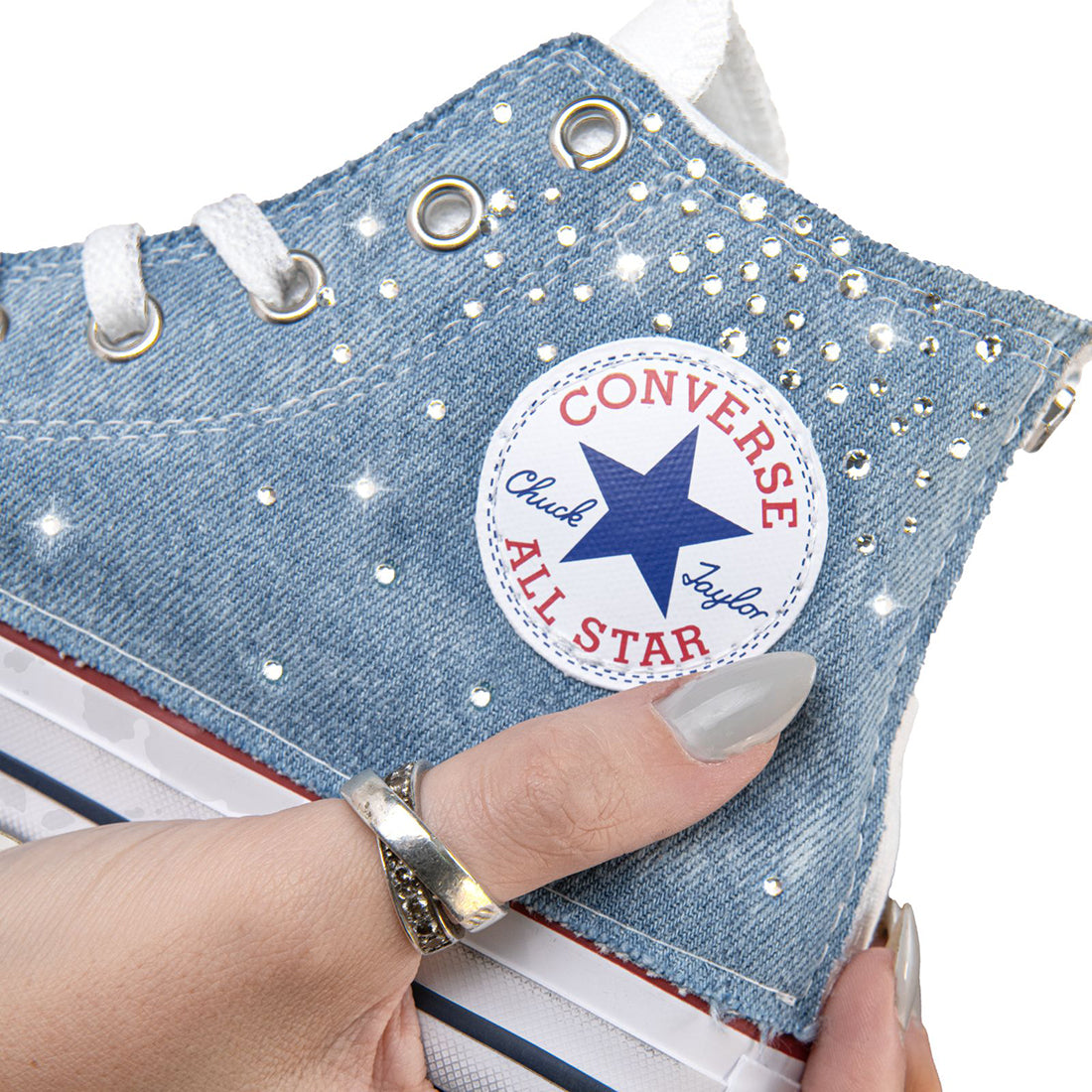 converse in denim con strass a forma di diamante luccicante