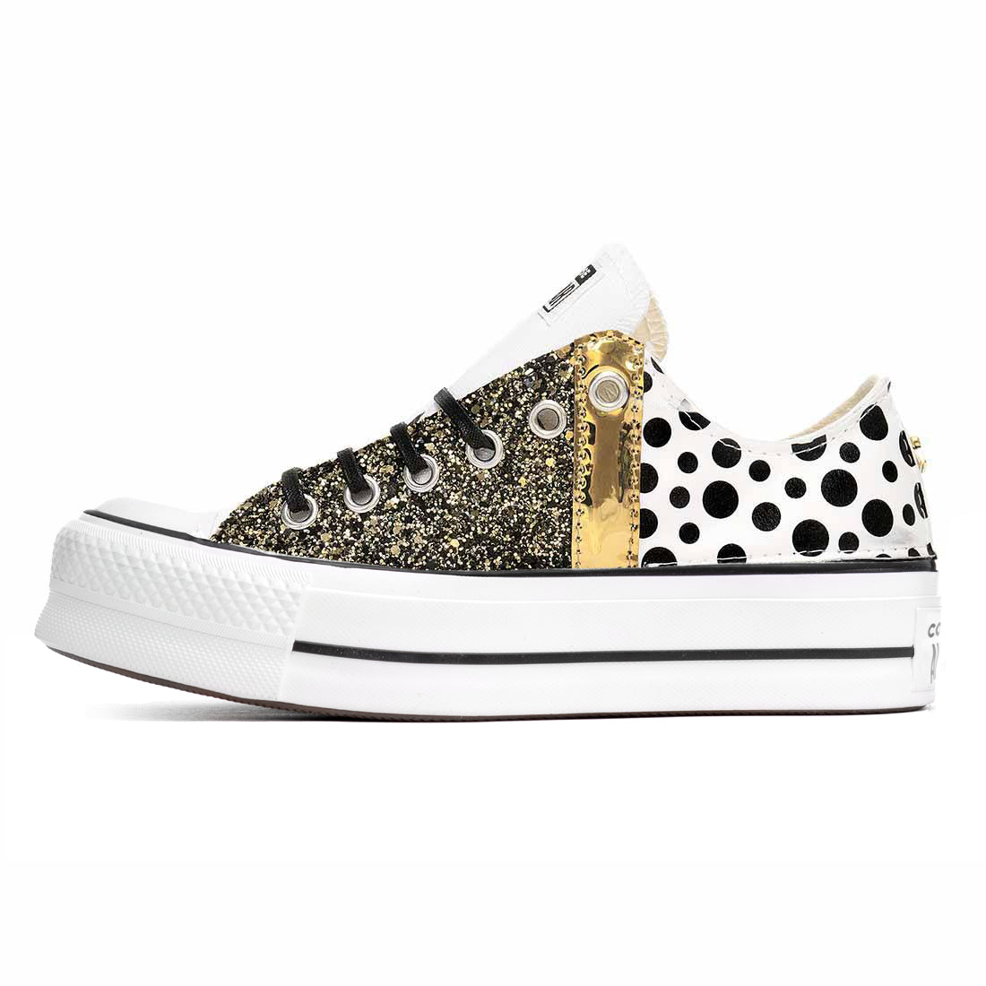 converse con glitter oro e nero con borchiette e pois