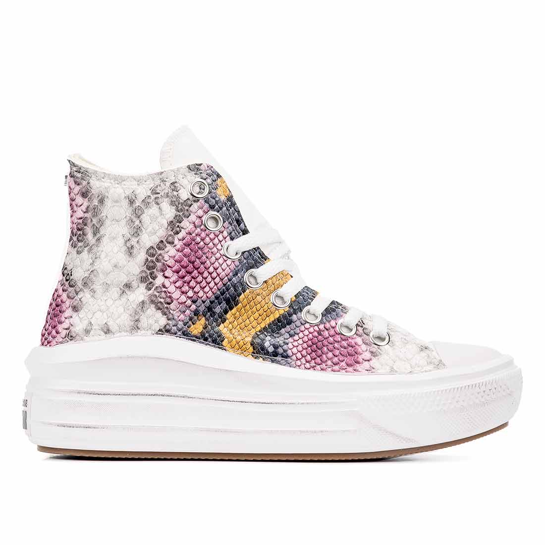 Converse move bianche con tessuto pitonato rosa giallo e bianco 