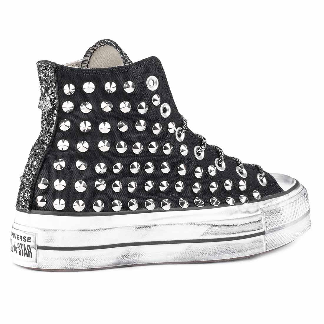 Converse All Star Borchiate con Glitter - Alte suola Platform - Nere - Outlet