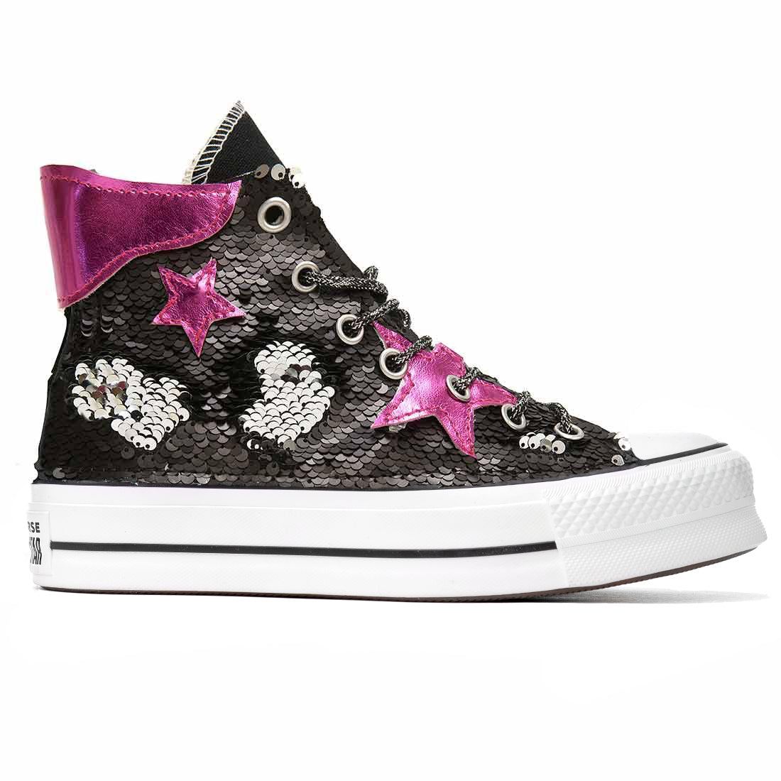 converse con le paillettes nere e argento con stelle fucsia