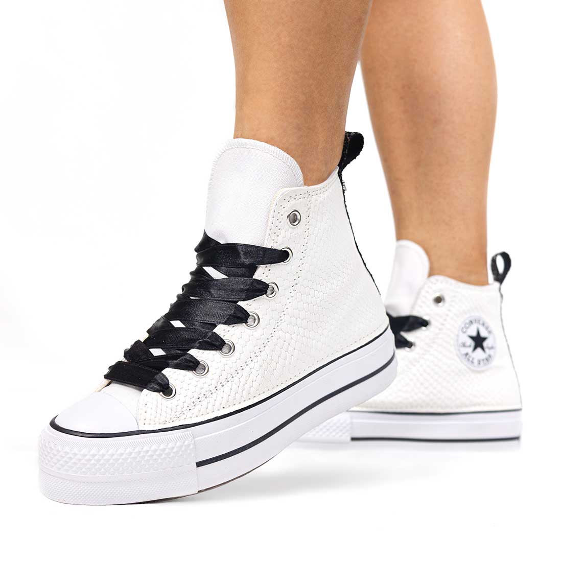 Converse All Star Bianche alte Platform- Pitone Bianco e Glitter Nero - Outlet