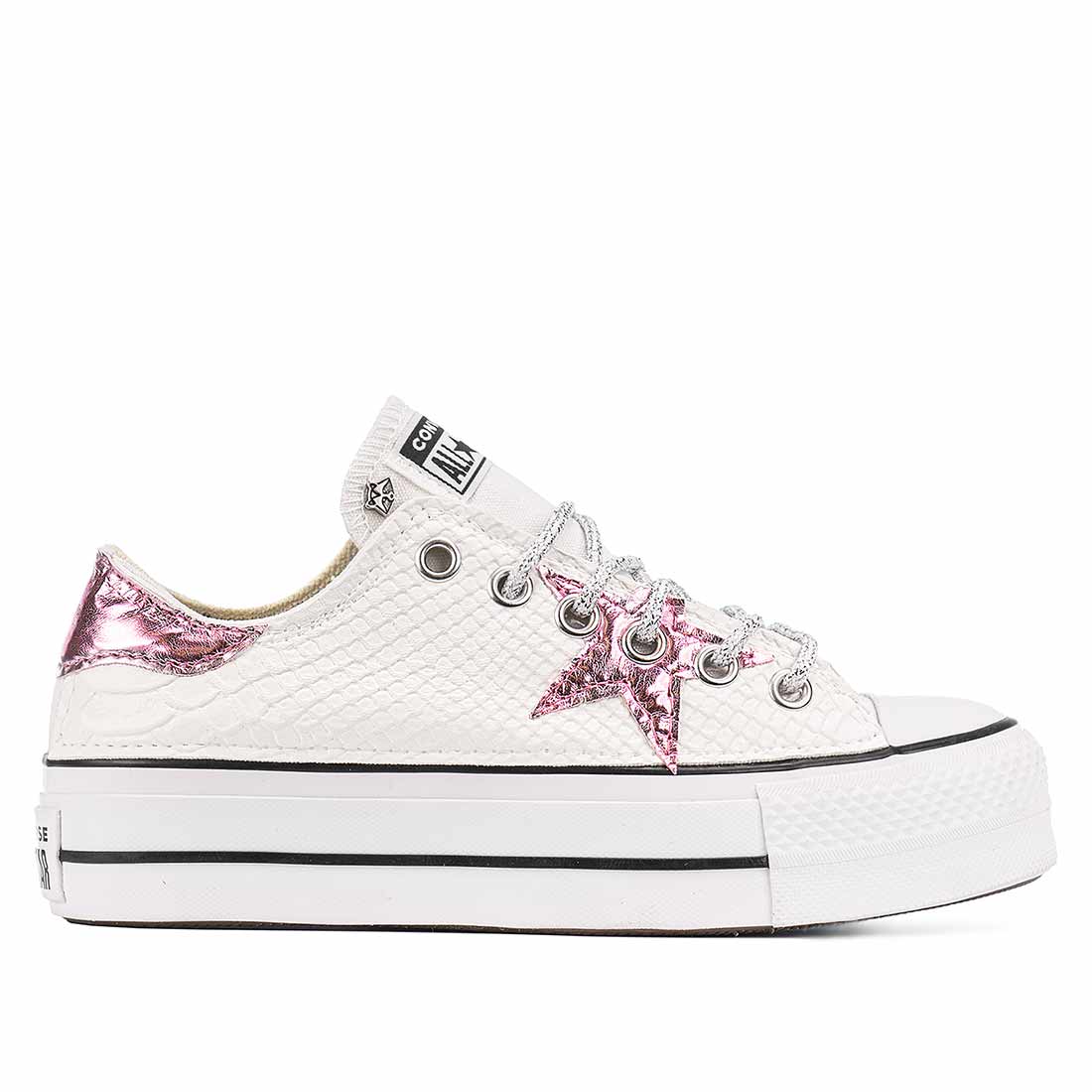 Converse All Star Basse Pitone Bianco e Stella Rosa