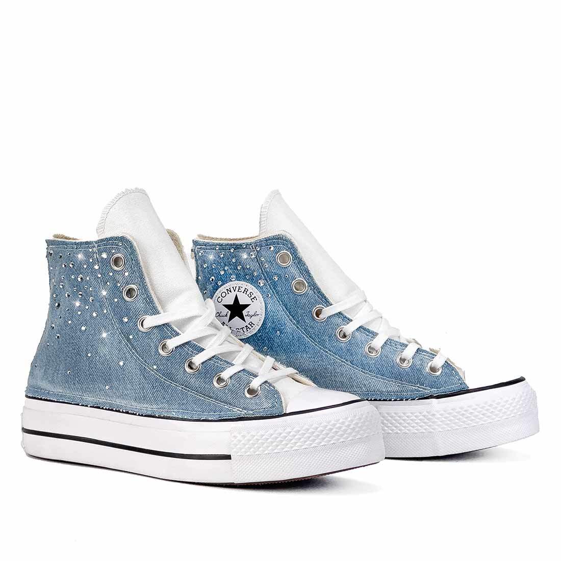 converse con suola alta in denim e strass