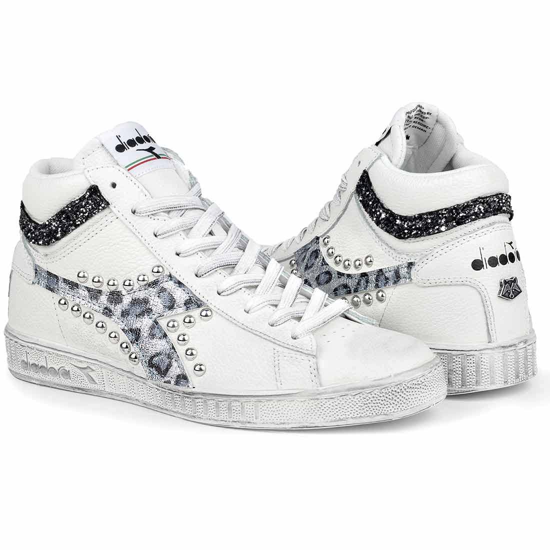 Diadora Game L High Leopardate Argento con Borchie e Glitter - Outlet
