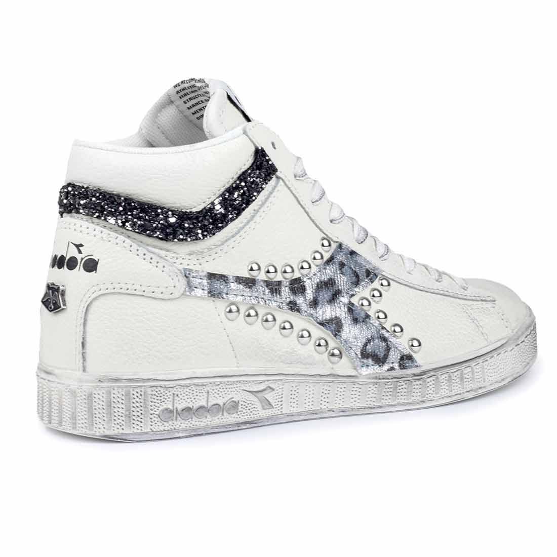 Diadora Game L High Leopardate Argento con Borchie e Glitter - Outlet