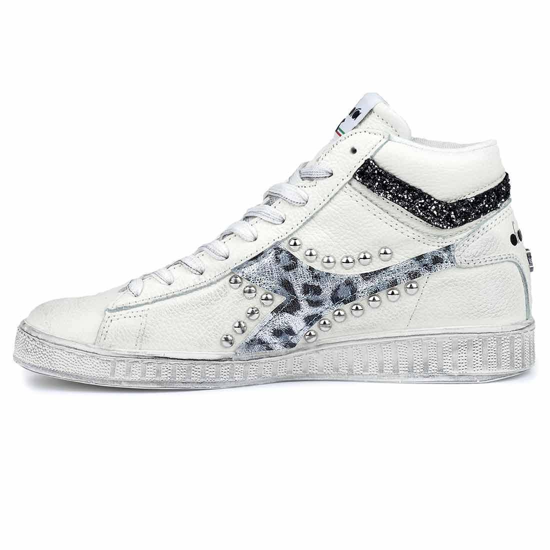 Diadora Game L High Leopardate Argento con Borchie e Glitter - Outlet