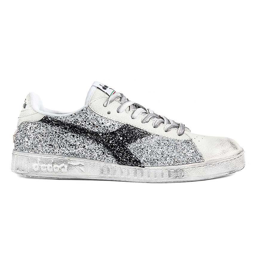 diadora game low sneaker personalizzata glitter argento bianco nero racoon lab