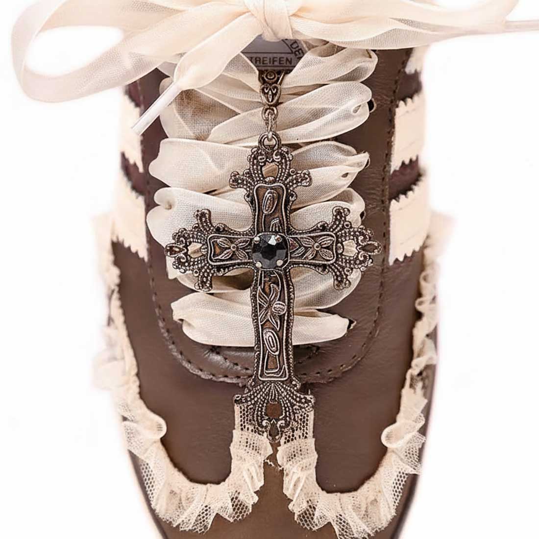 scarpa samba con croce bronzo e tulle marrone