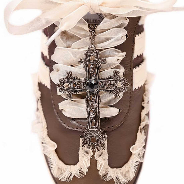 scarpa samba con croce bronzo e tulle marrone
