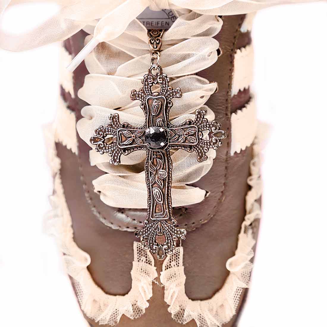 scarpa samba con croce bronzo e tulle marrone