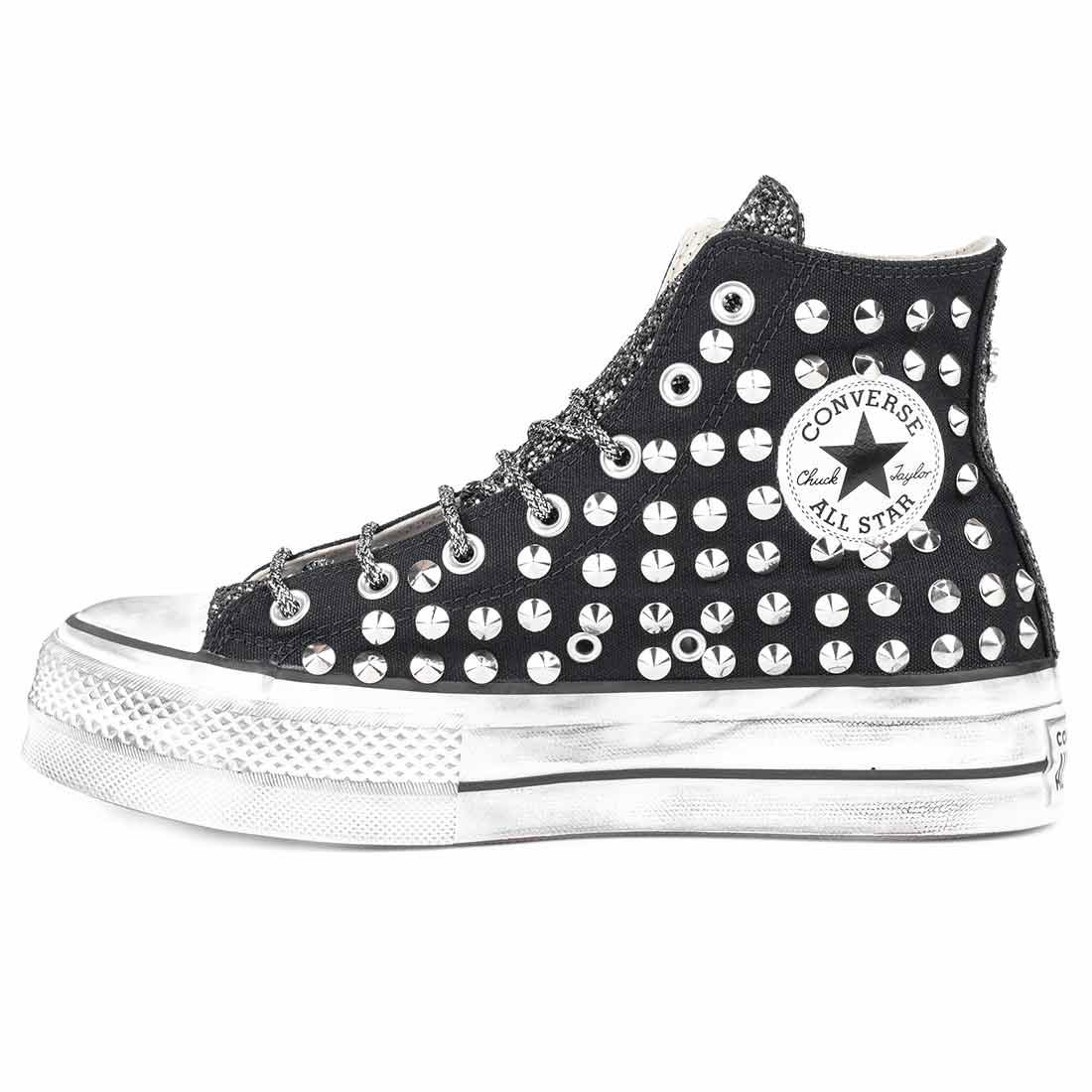 Converse All Star Borchiate con Glitter - Alte suola Platform - Nere - Outlet