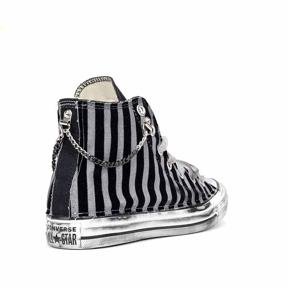 scarpe all star denim grigio con velluto nero e catena 