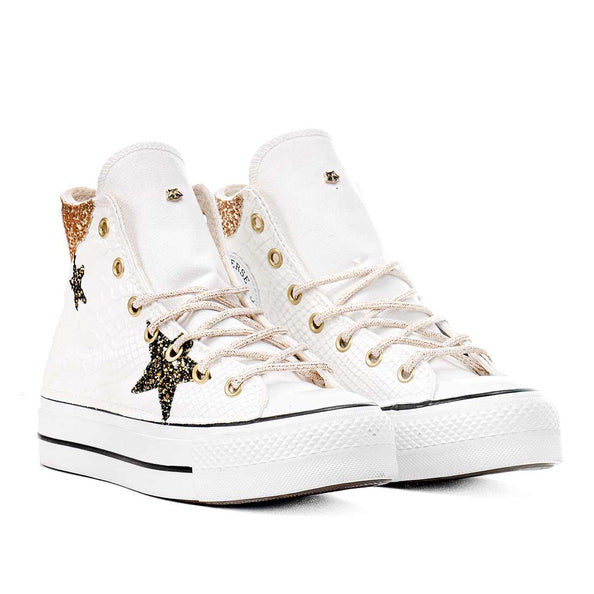 Scarpe converse all star bianche  pitone bianco con suola platform con stelle glitter e