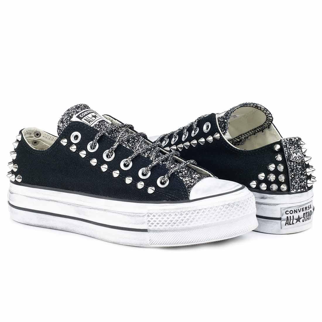 Converse All Star Borchiate con Glitter Nero - Basse suola Platform - Nere - Outlet