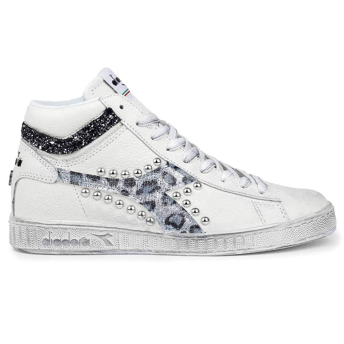 Diadora Game L High Leopardate Argento con Borchie e Glitter - Outlet
