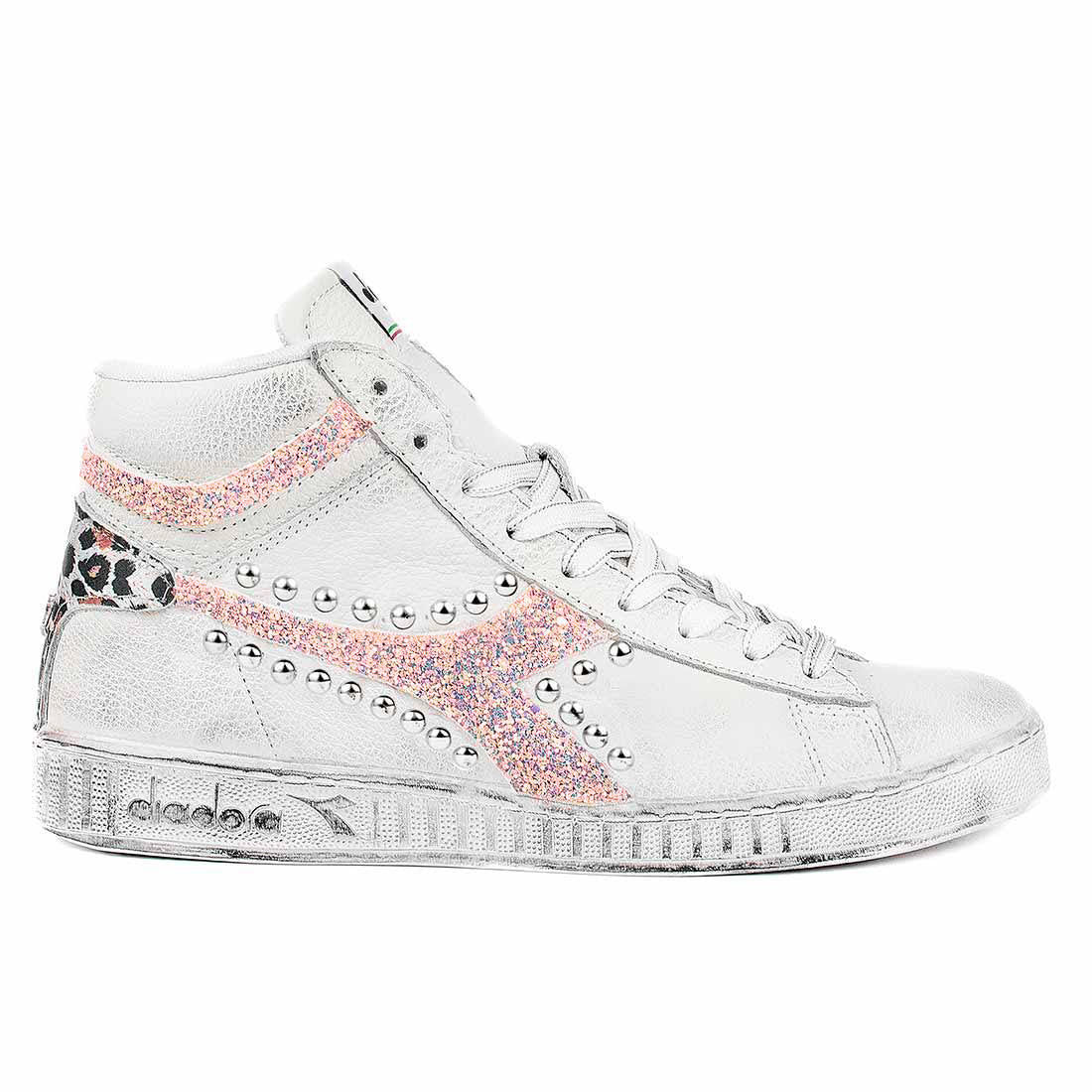 scarpe diadora leopardate con borchie e brillantini rosa