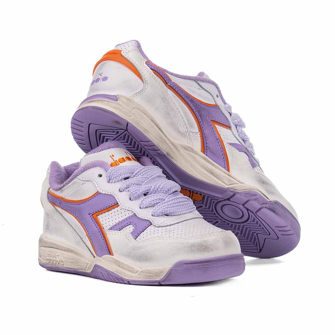 scarpe diadora lilla e arancione effetto sporche