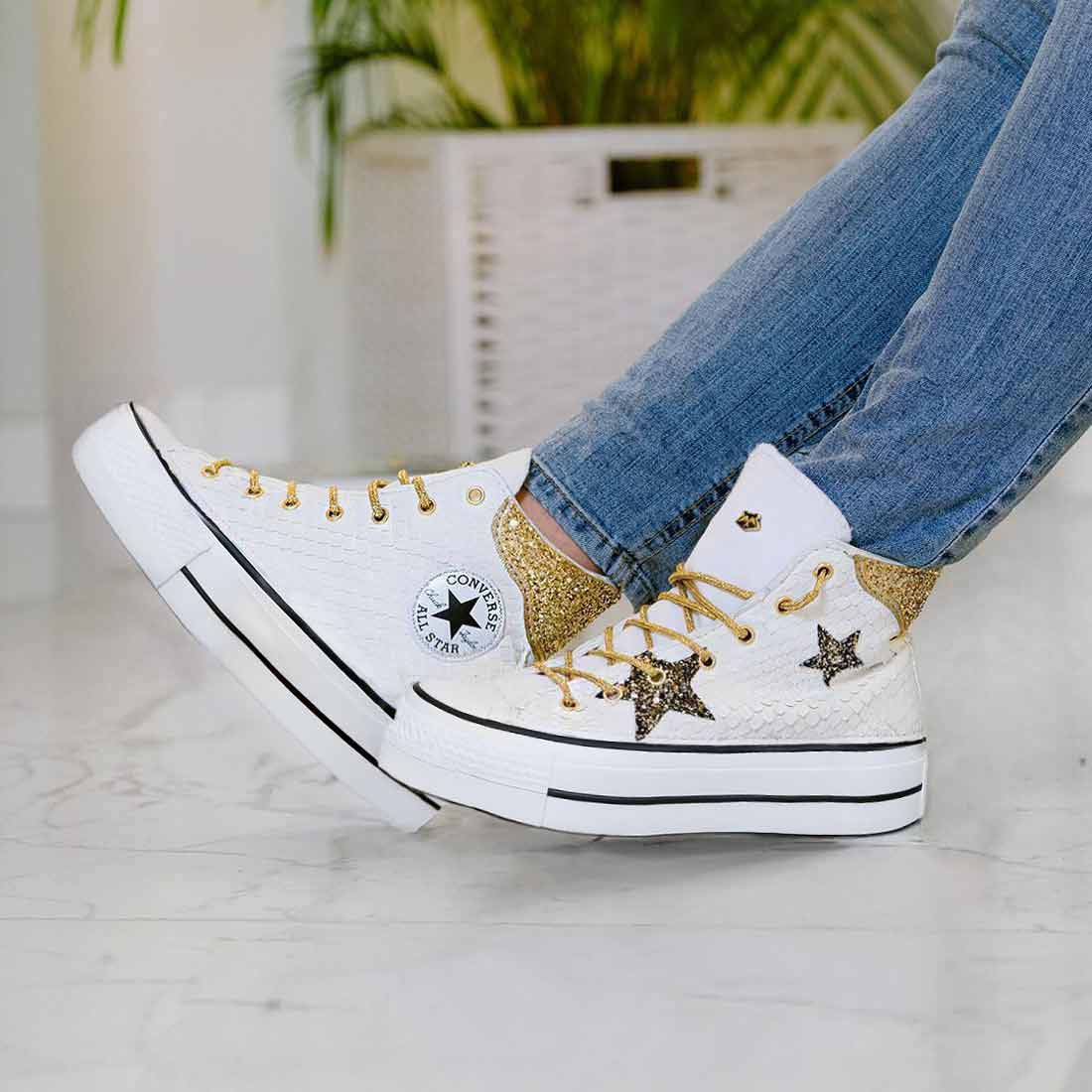 Converse All Star Alte Pitone e Stelle Oro e nero - Suola Platform - Outlet