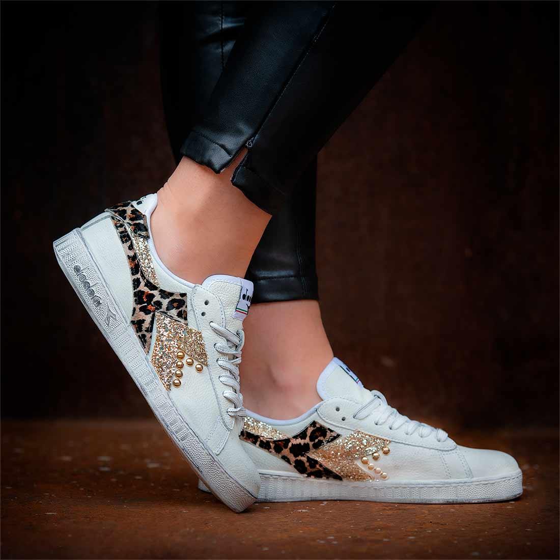 Diadora Game Low con logo Leopardato e Glitter Oro - Outlet
