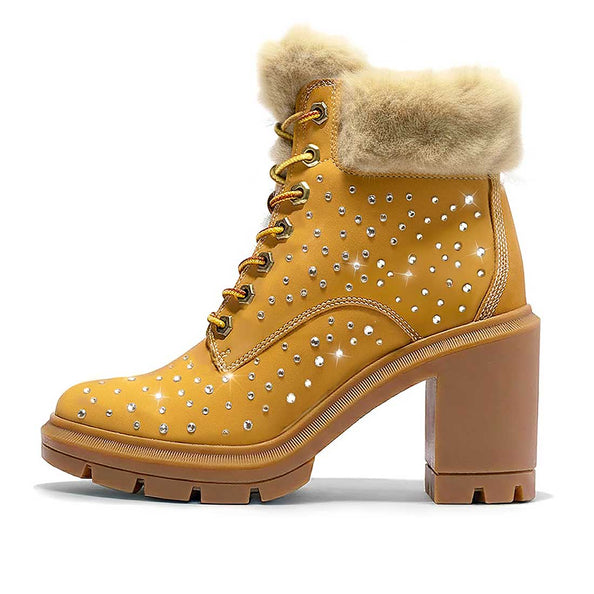 stivale con tacco timberland con furry per l'inverno e diamanti