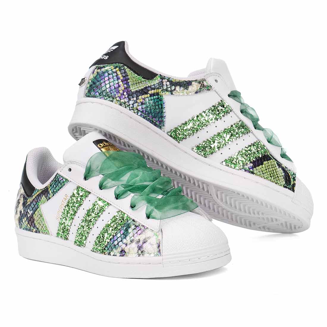 Superstar con glitter verdi lacci in tulle verde e inserti in pitone verde