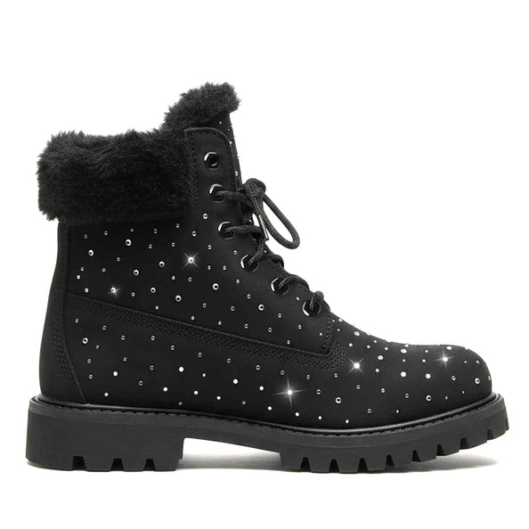 timberland nere con strass e morbido pelo nero