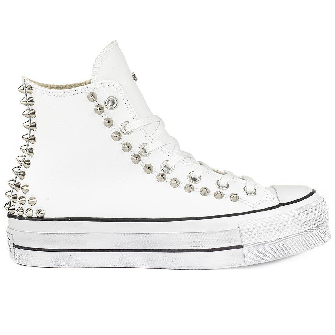 Converse All Star Platform Bianche in Pelle con Borchie