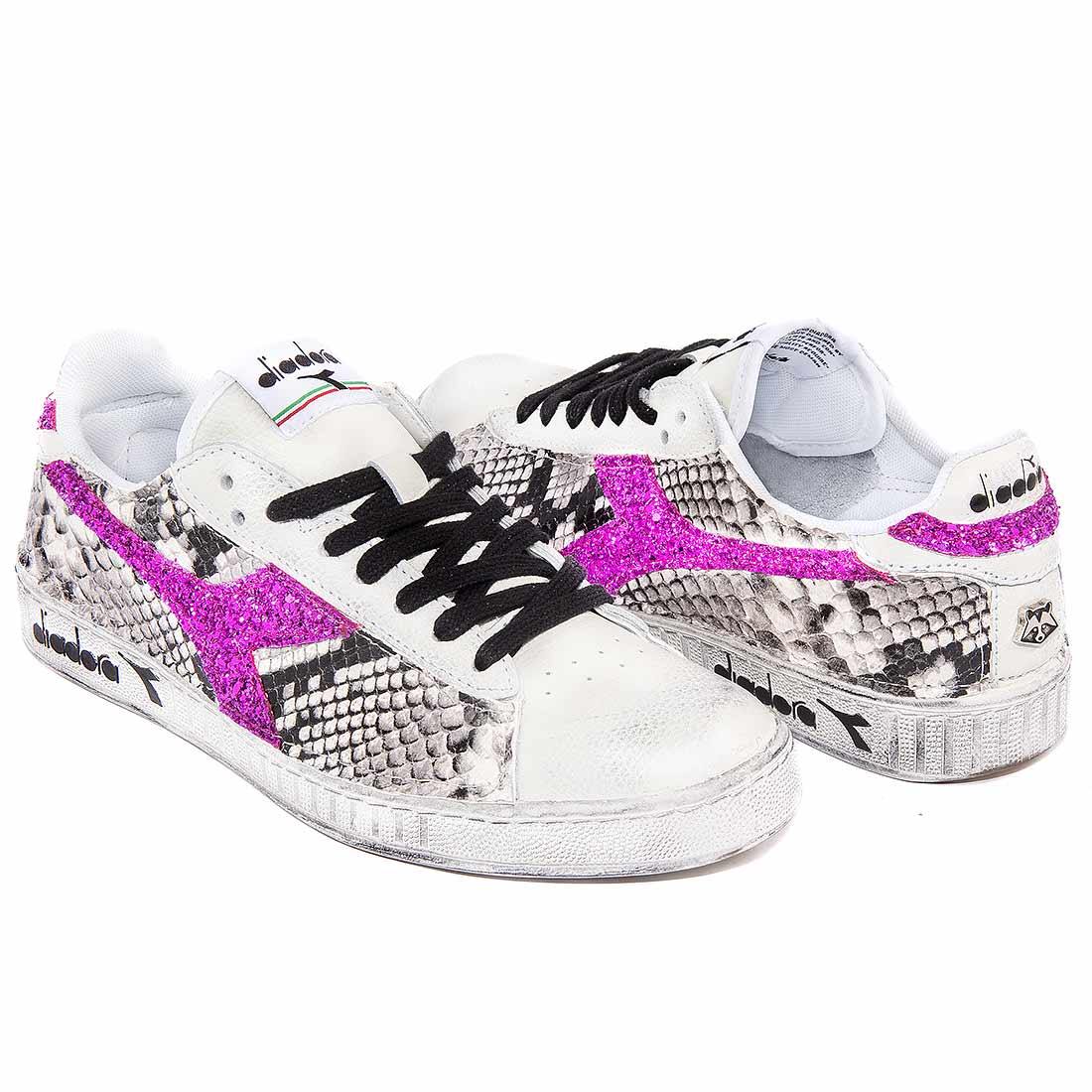 Sneakers Diadora Game low animalier pitone pitonate con glitter glitterate fucsia fluo fuxia