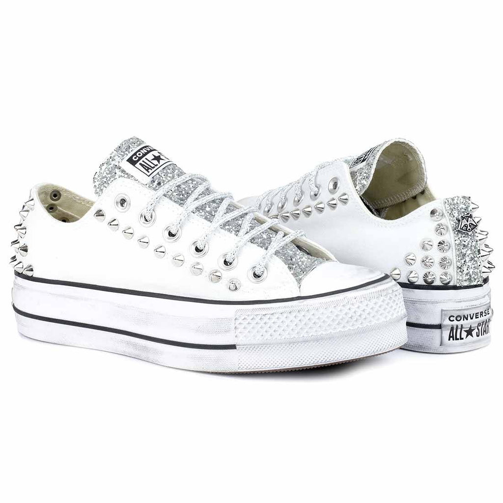 Converse All Star Borchiate con Glitter Argento Basse suola Platform Bianche