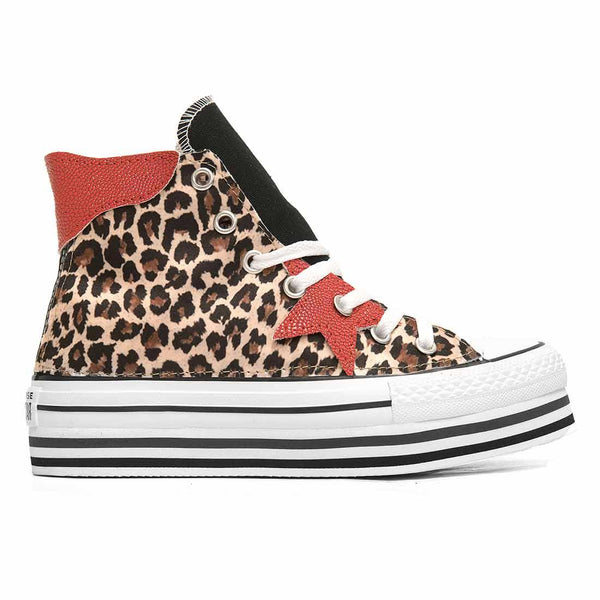 Converse All Star Alte Leopardate Stelle Rosse Suola alta a Righe