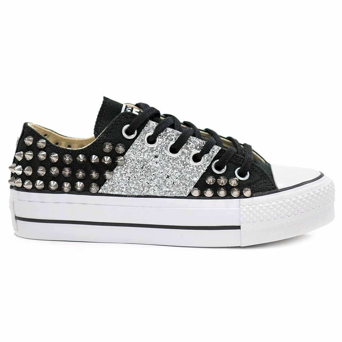 Converse All Star Basse Platform con Glitter Argento e Borchie Nere