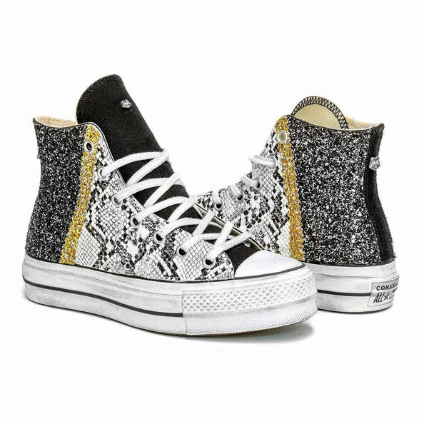 converse all star pitonate personalizzate con glitter nero e oro