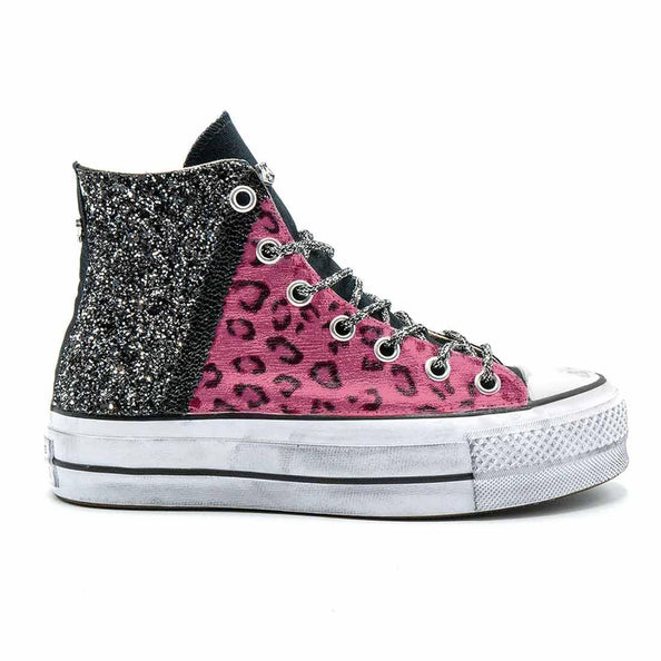 converse all star suola platform animalier leo rosa e glitter nero