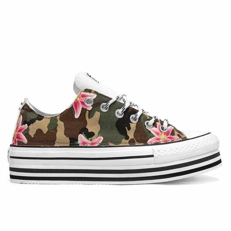 Converse Basse Bianche Camo e Fiori Suola Alta Sped. 24h