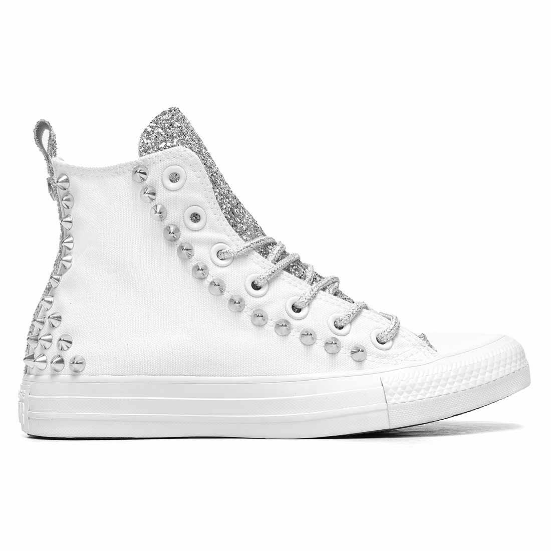 Converse All Star Alte Bianche Glitter Argento e Borchie