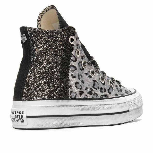 converse platform con brillantini e animalier colorato argento
