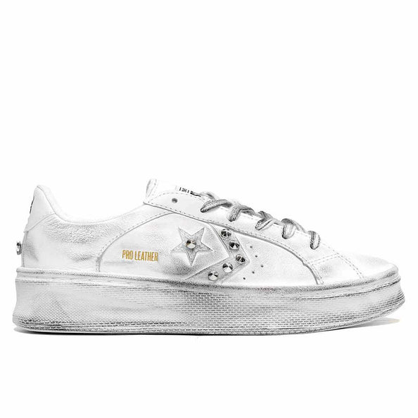 converse pro leather basse bianche suola alta con borchie
