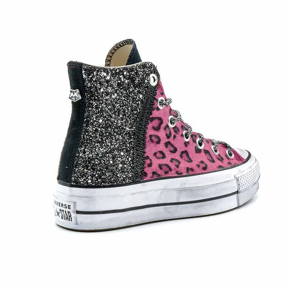 converse con suola platfotm con brillantini e animalier colorato fucsia