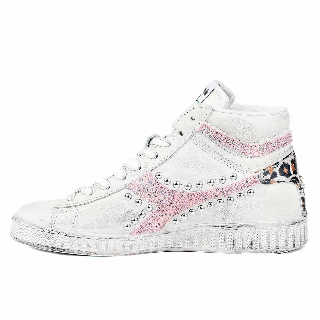 sneakers diadora alte con glittter rosa, borchie e tessuto animalier leopardate