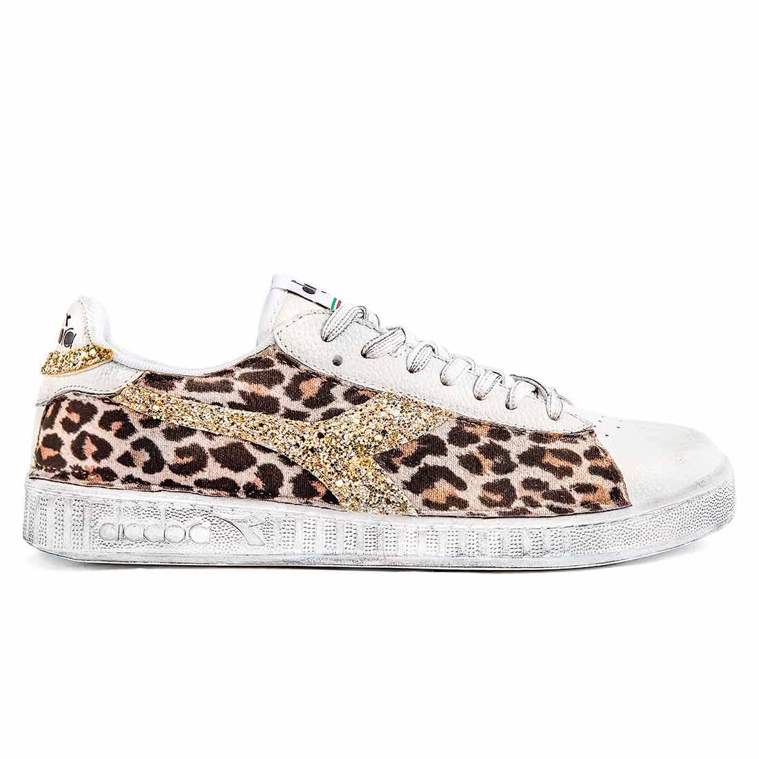 scarpe diadora game low leopardate con dettagli in glitter oro 