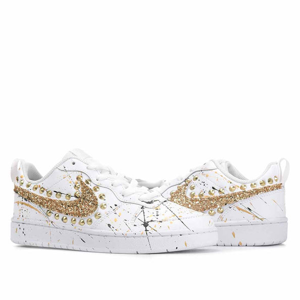nike basse bianche e oro borchiate e brillantinate