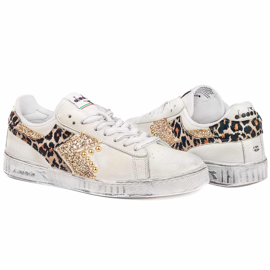 scarpe diadora con brillantini oro  leopardate e borchiate 