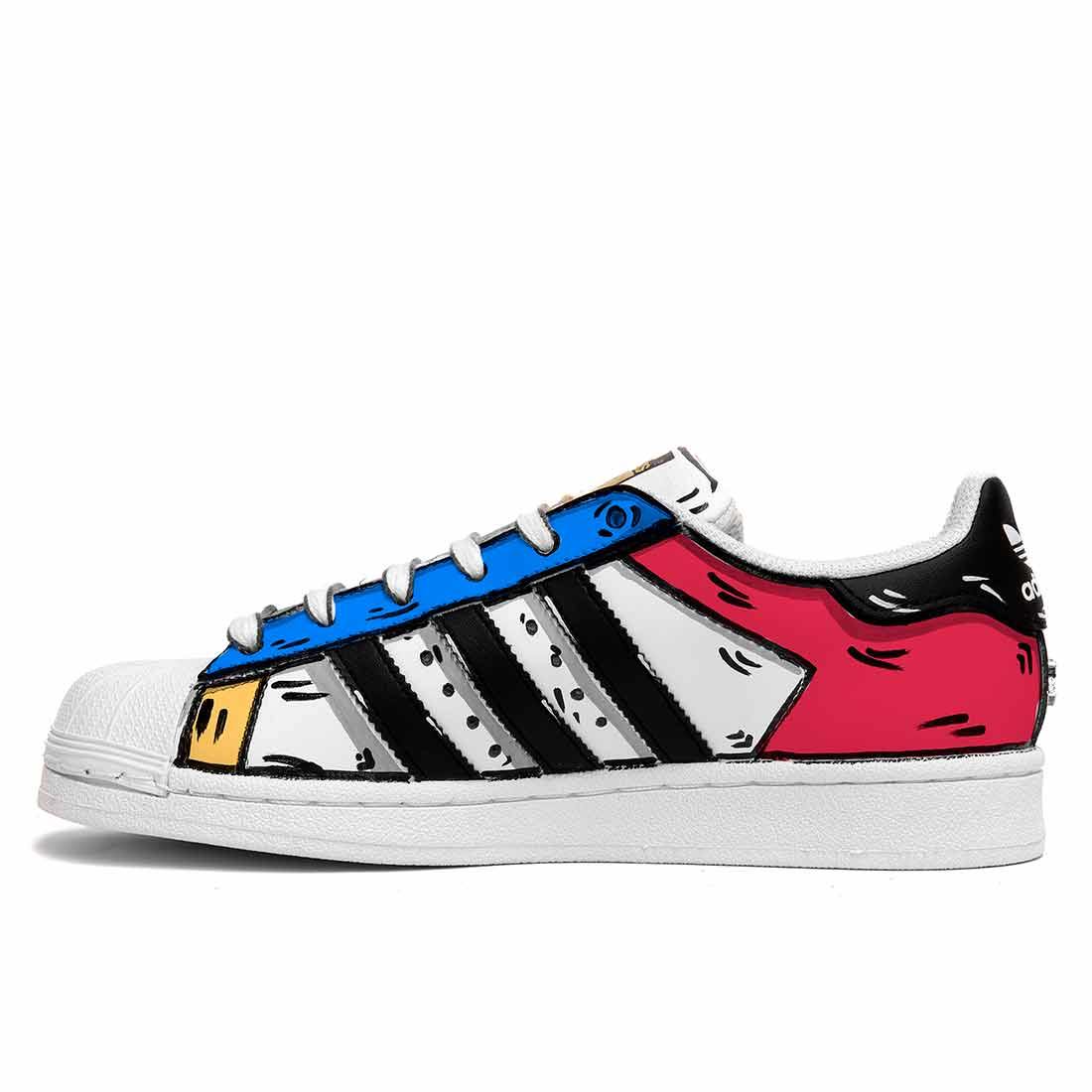 scarpe adidas superstar disegnate effetto cartone animato 2D rosse blu e gialle