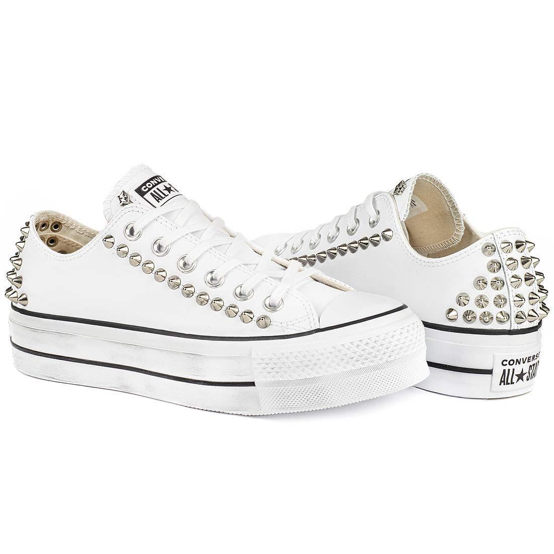 Converse All Star Platform Basse in Pelle Bianche con Borchie