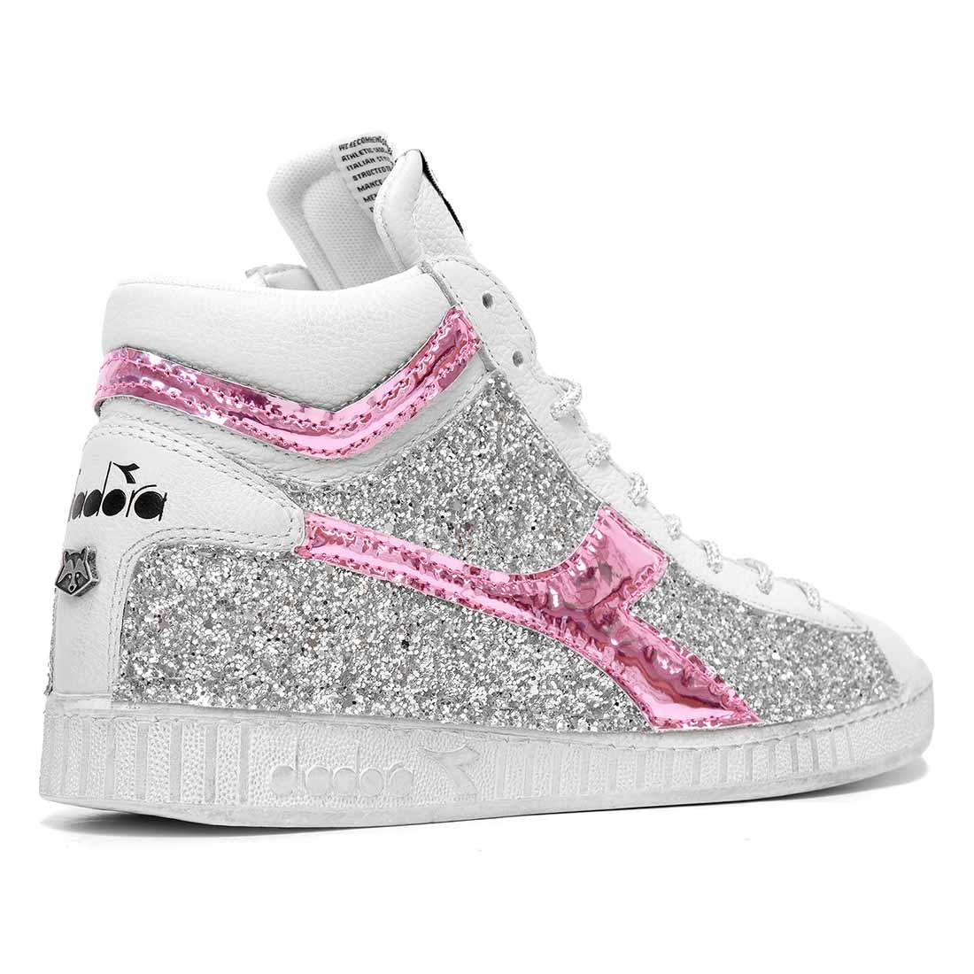 sneakers con brillantini argento e rosa 